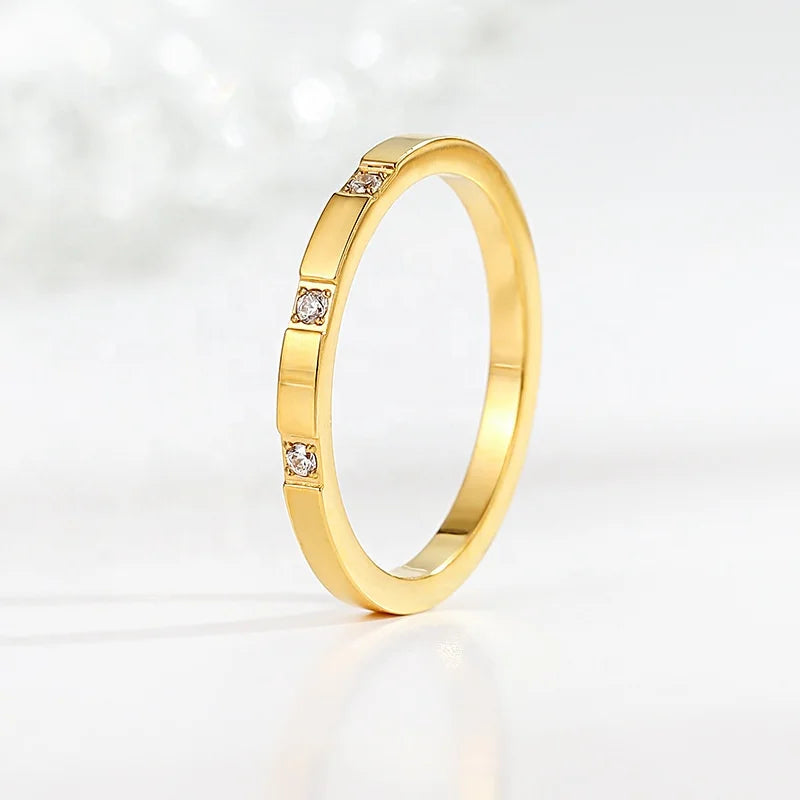 Dina Fashion Women Jewelry Stainless Steel 18K Gold Plated Index Rings Three Zircon Thin Rings Non-Tanish Jewelry
