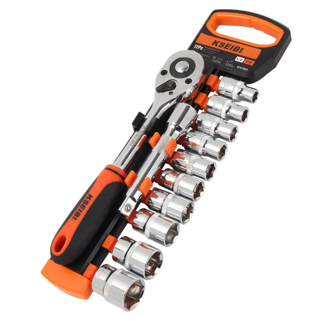KSEIBI Professional Hexagon Socket and Ratchet Set 1/2"12-PC Metric