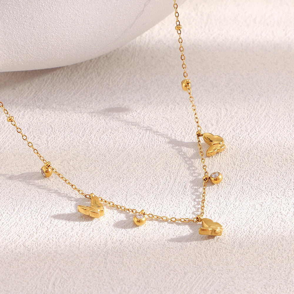 Dreamshow Butterfly Charm Necklace Zircon Beaded Gold Plated Jewelry Fashion Stainless Steel Necklace
