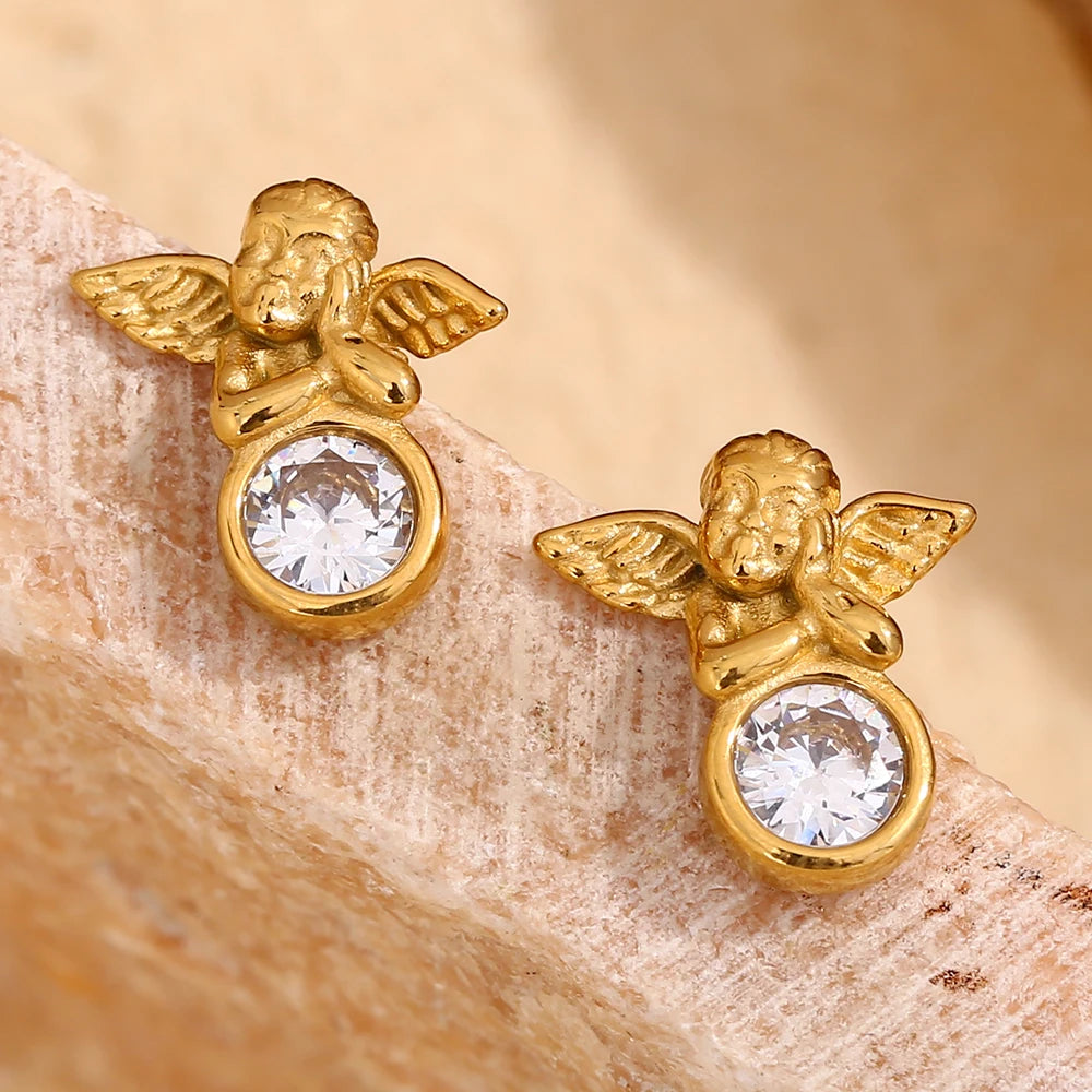 Dreamshow Dainty Angel Zircon Stud Earrings Fashion Jewelry Gold Plated Earring Anti Tarnish Jewelry Stainless Steel Earring