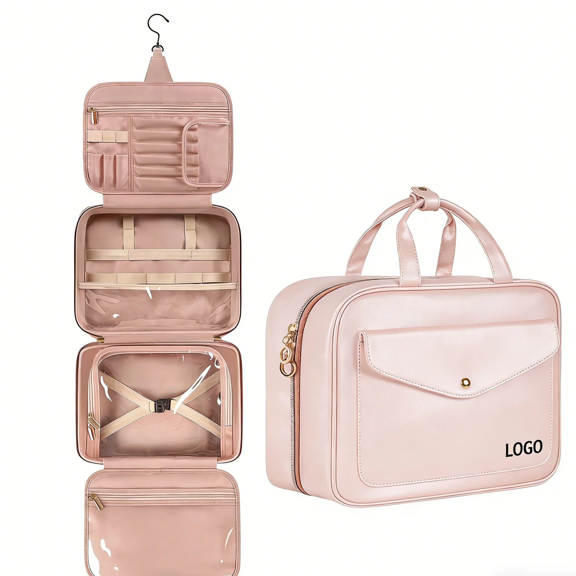 SW Hot Sale Cosmetic Bag Customized Waterproof PU Leather Travel Hanging Toiletry Bag Portable Organizer Compartment for Women