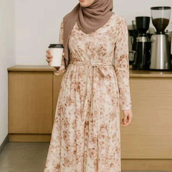 Modest Fashion Customizable High-end Printed pink Flower Polyester Luxurious High-end 2025 Eid New Customizable Factory Price MegaBDM