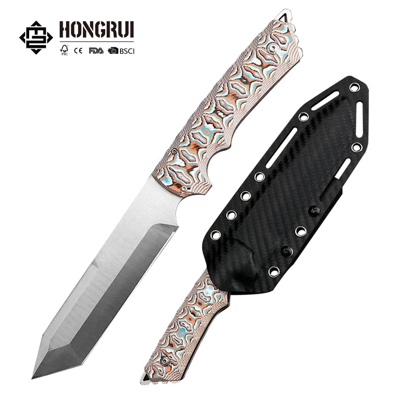 Hongrui New Design CNC D2 Stainless Steel Outdoor Fixed Blade Knife with Nylon Handle and k Sheath for Camping
