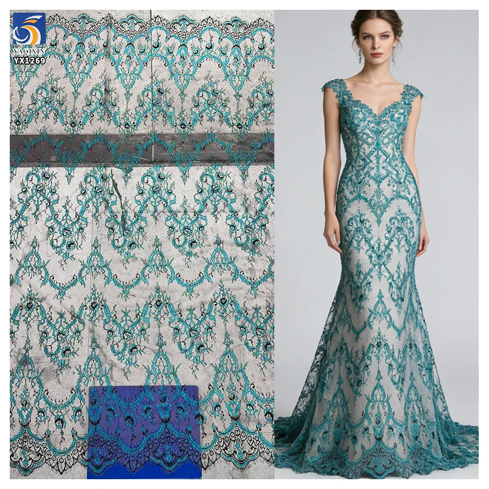 YX1269-1 France Elegant Style Two-Tone Eyelash Lace Fabric Polyester Cyan-Blue Hot Selling Tulle Lace Fabric for Garments MegaBDM