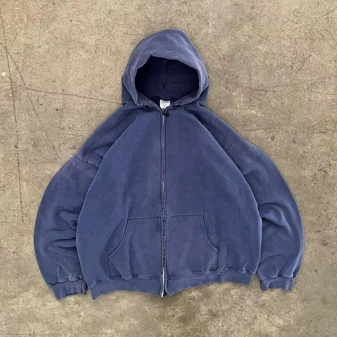 Custom Heavyweight Acid Wash Solid Oversized Streetwear Hoodie 100% Cotton Double Zip-Up Drop Shoulder-for Winter
