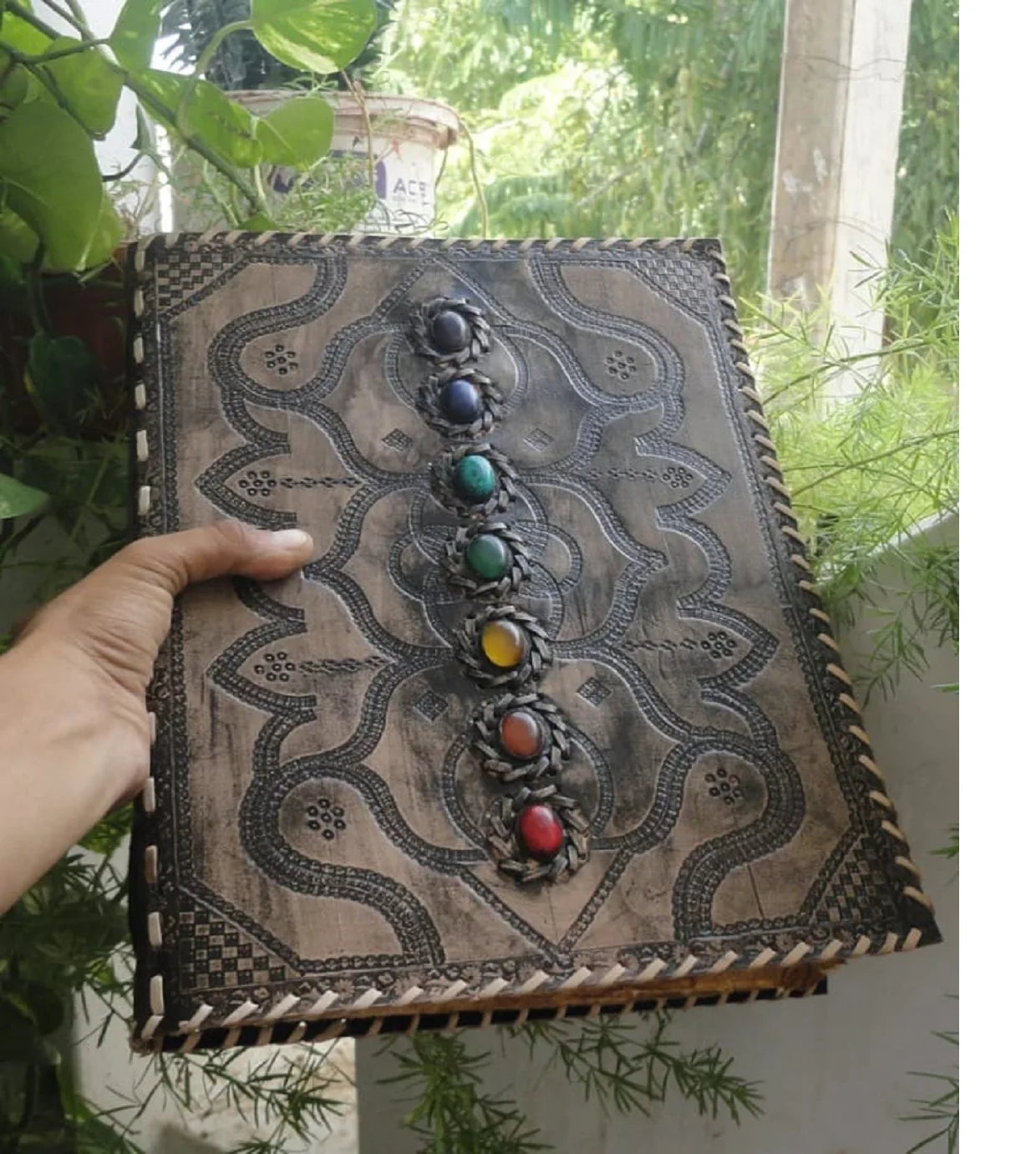 Custom Made Portable Multi Coloured Agate Stones Embossed Leather Journals Cotton Handmade Paper Resale Purposes Promotional