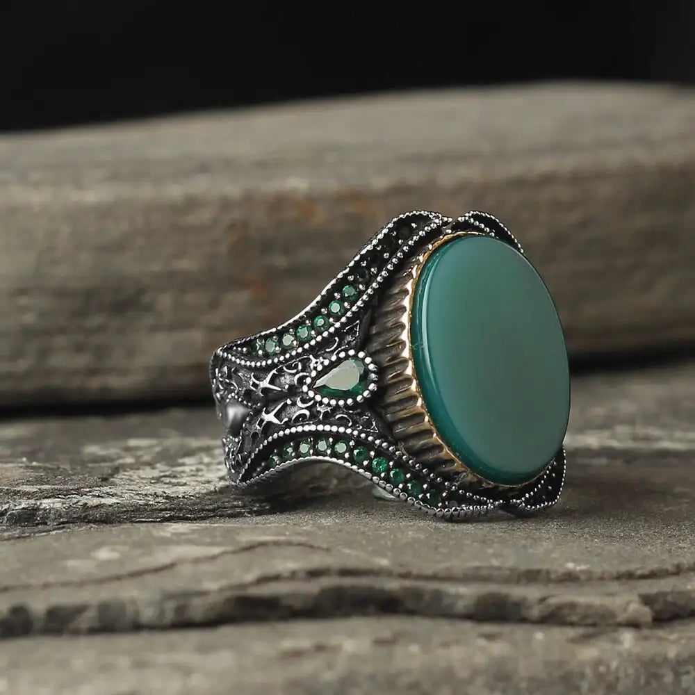 Azuris Hot Sales Turkey 925 Sterling Silver Men's Ring Ottoman Style Natural Black Stone Fashionable Stylish VALKH1471