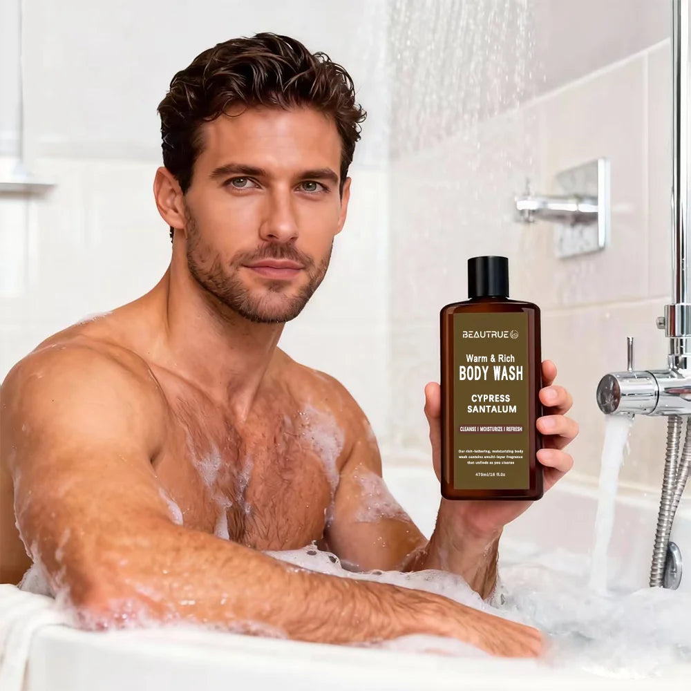 Private Brand Custom Design Mens Body Cleanser Aromatic Forest Oud Cypress Sandalwood Hydrating Mild Sensitive Skin Wash