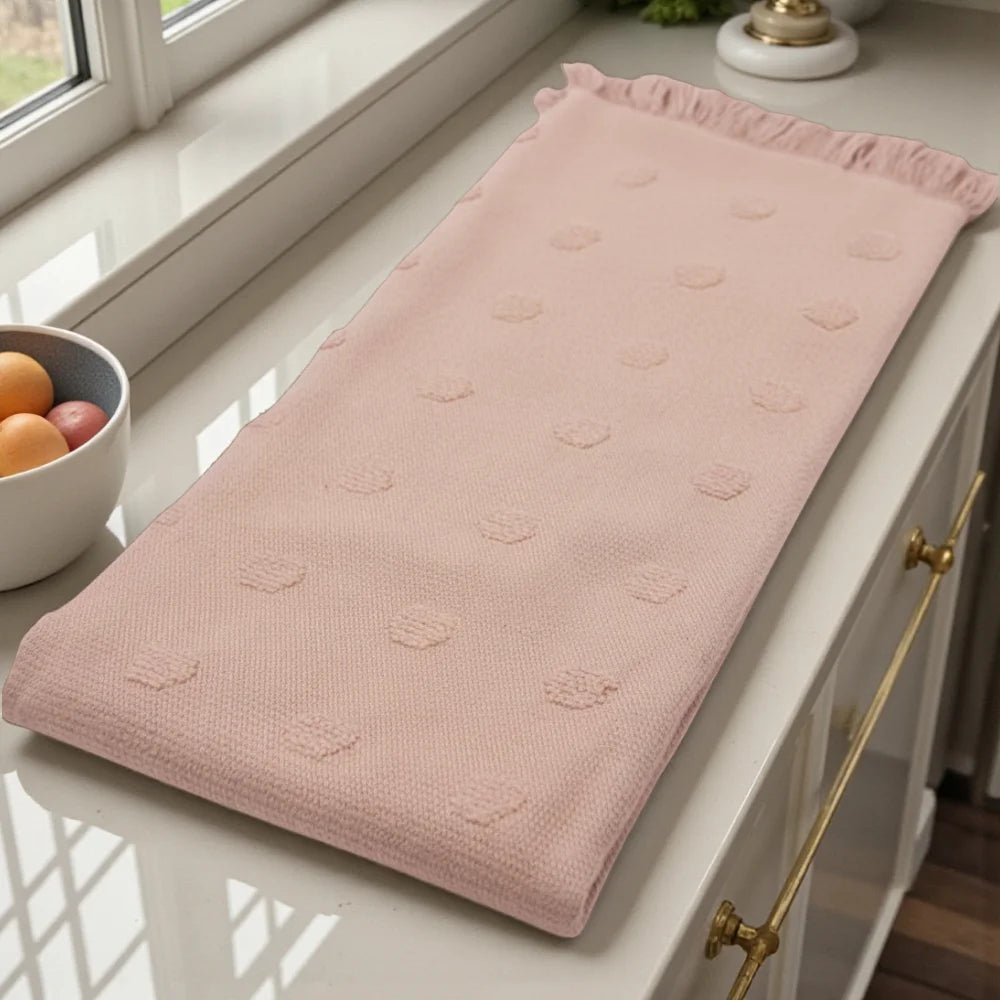 Luxury 3 Pack Woven Kitchen Towel Set 100% Cotton Fringed Dobby Oeko-Tex Disposable Eco-Friendly Quick-Dry Pink Custom Logo