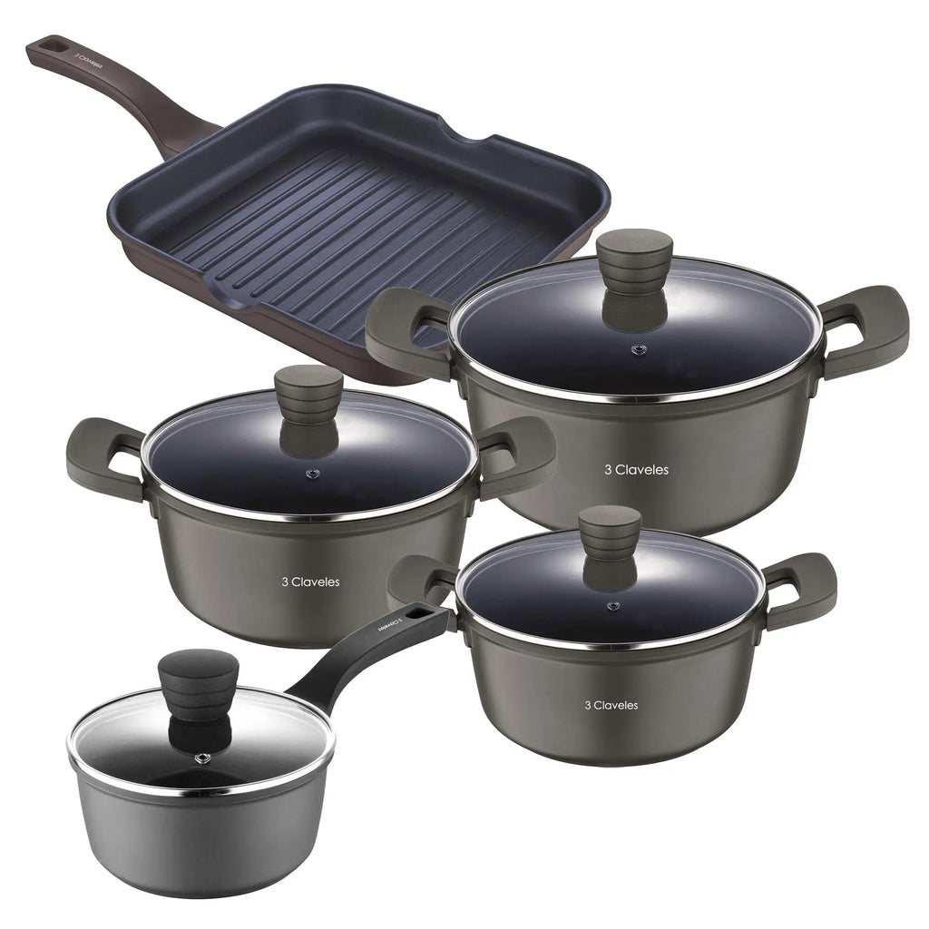 Set of 3 Casserole Dishes with Lids 202428cm and Saucepan 16cm in Cast Aluminum + Grill Pan 28x28cm in Non-Stick Forged