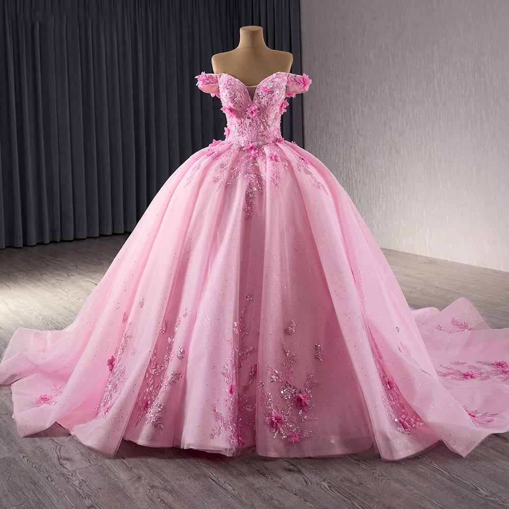 Jancember 241084 Fashion Pink Appliqued Flower Empire Bridal Ball Gown Evening Dresses MegaBDM