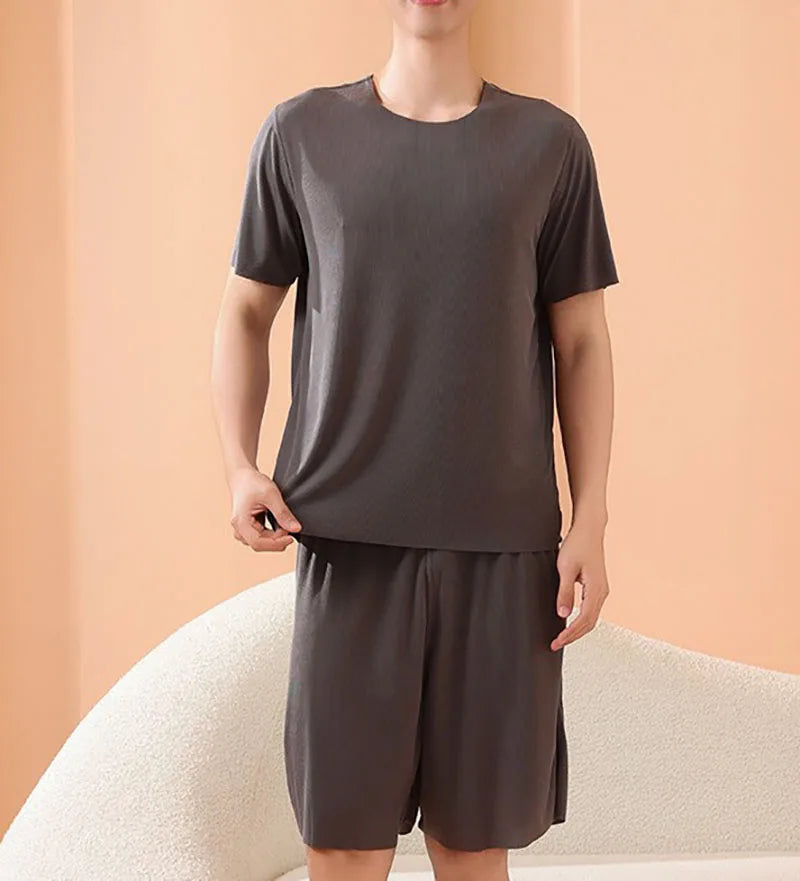 Oem Custom Printed Embroidery logo Design Home Clothes Pajama Pants Suit Men's Summer Round Neck Seamless Ice Silk Pajamas Set