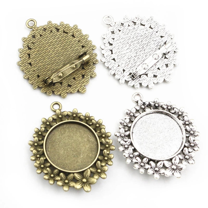 25mm Inner Size Antique Silver Plated Bronze Flower Floral Brooch Cameo Cabochon Blank Base Setting Charm Pendant