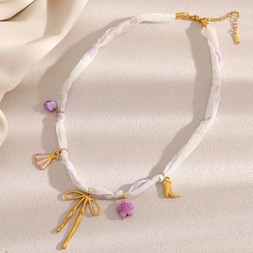 Dreamshow Summer Fashion Silk Ribbon Bow Charm Necklace 18k Gold Plated Fashion Jewelry MegaBDM