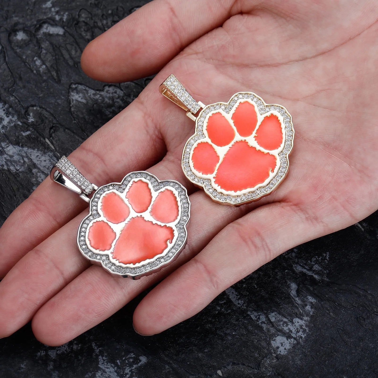 Clemson University Tiger Paw Pendant Brass Gold Plated Sparkling Cubic Zirconia Exquisite Orange Enamel Rope Chain Hip Hop