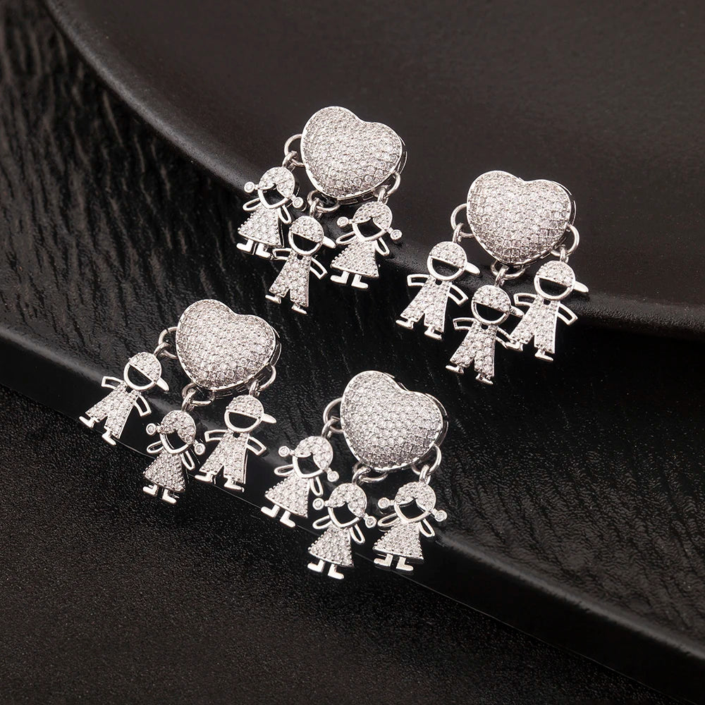 Wholesale Silver Tone Heart Pendant Set Multi Figure Charms with Full Zircon Inlay Family Theme Jewelry for Necklace Making