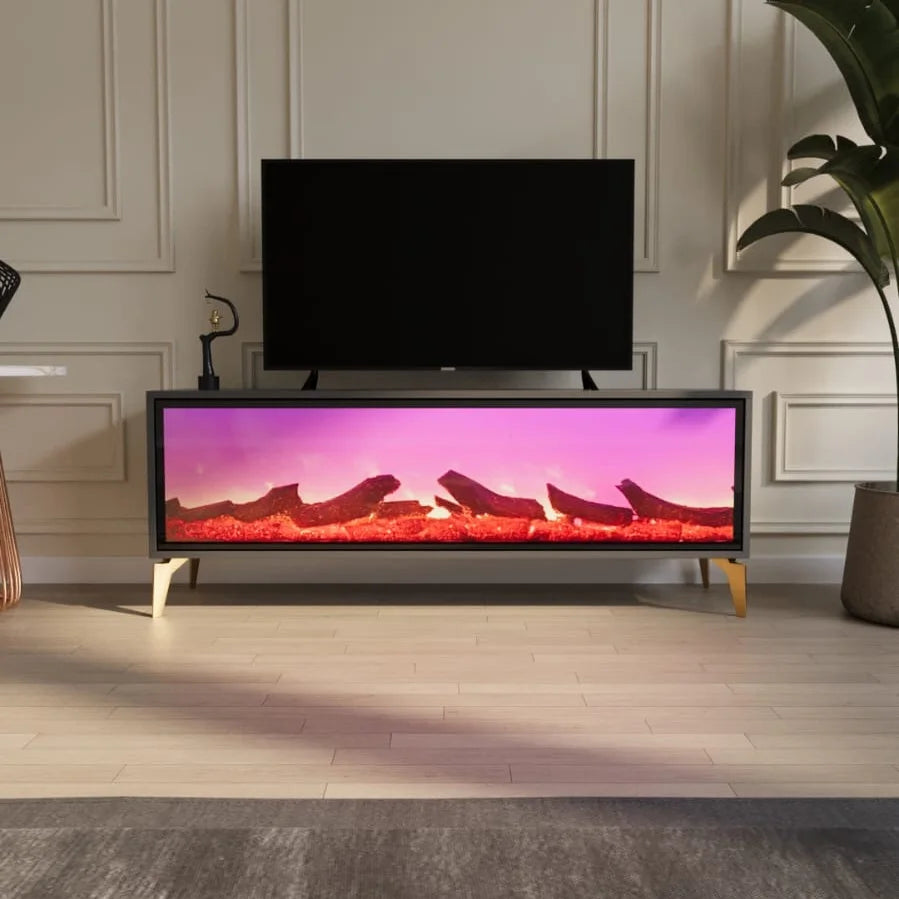 Wooden Panel Design Electronic Fireplace Coffee Table Modern Luxury Gold Living Room Furniture with Bluetooth Connection