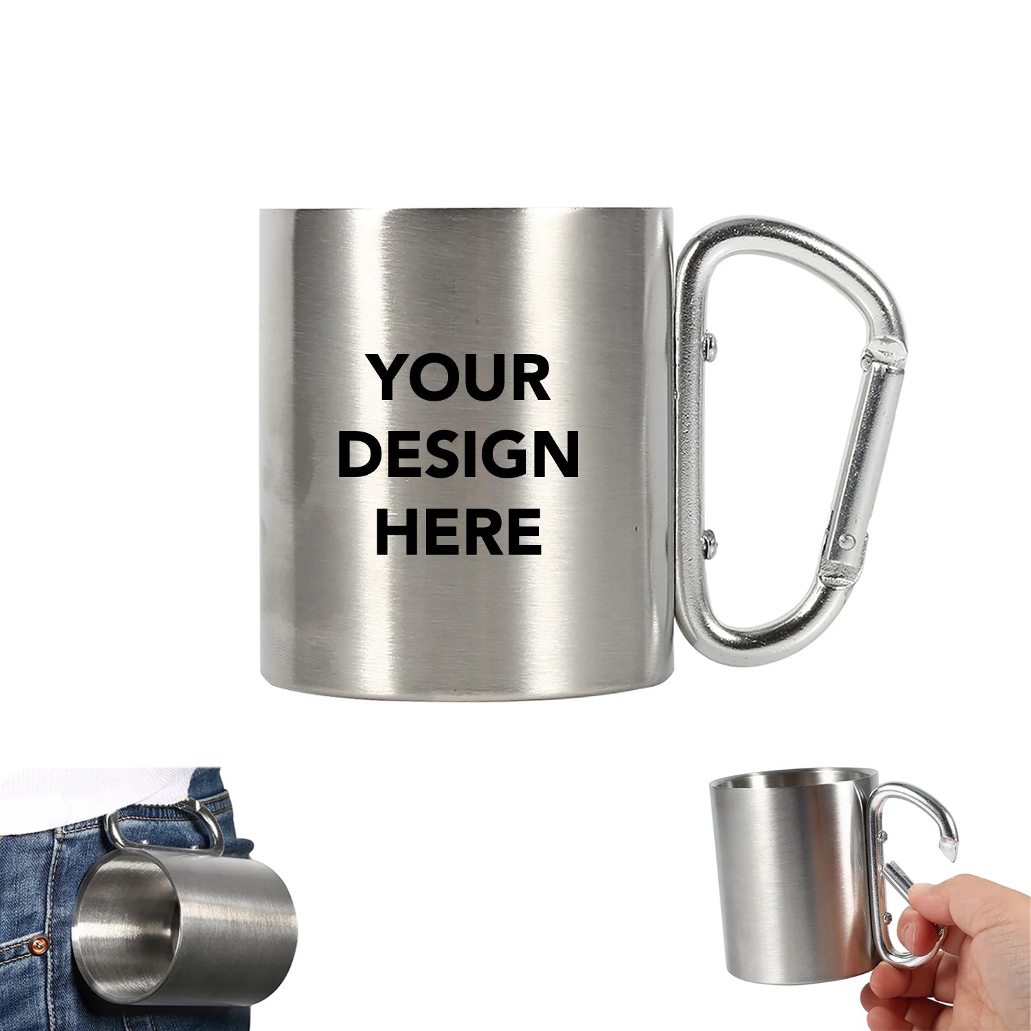 Custom Logo Portable 10oz Stainless Steel Carabiner Handle Camping Mug for Training and Team Building