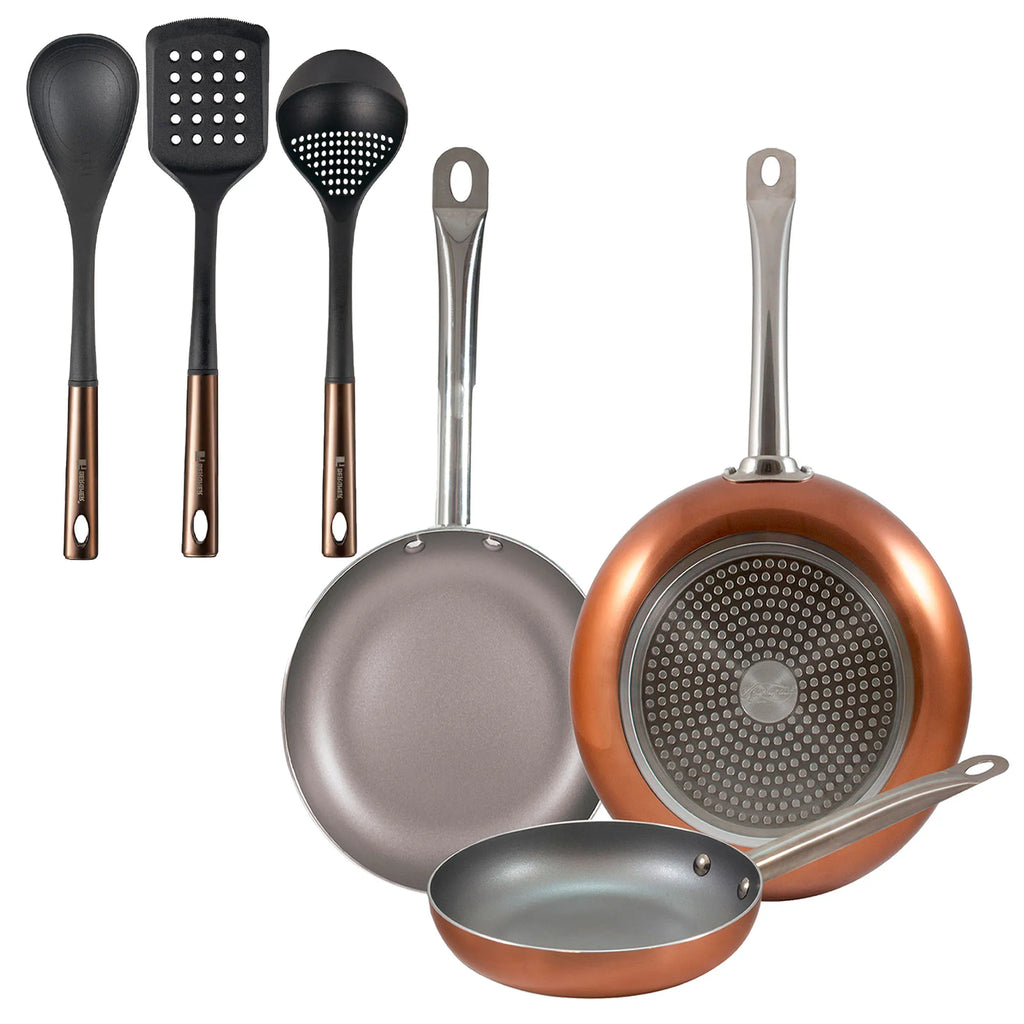 Set of 3 San Ignacio frying pans (18 22 26cm) pressed aluminum suitable for induction + Set of 3 black and copper PBT