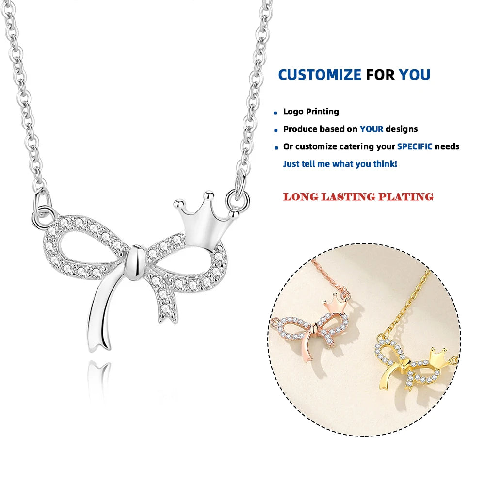 FDXZ-078  Summer Luxury 925 Sterling Silver Girl Heart Bowknot Crown Pendant Necklace Designer Fine Jewelry for Women Girl