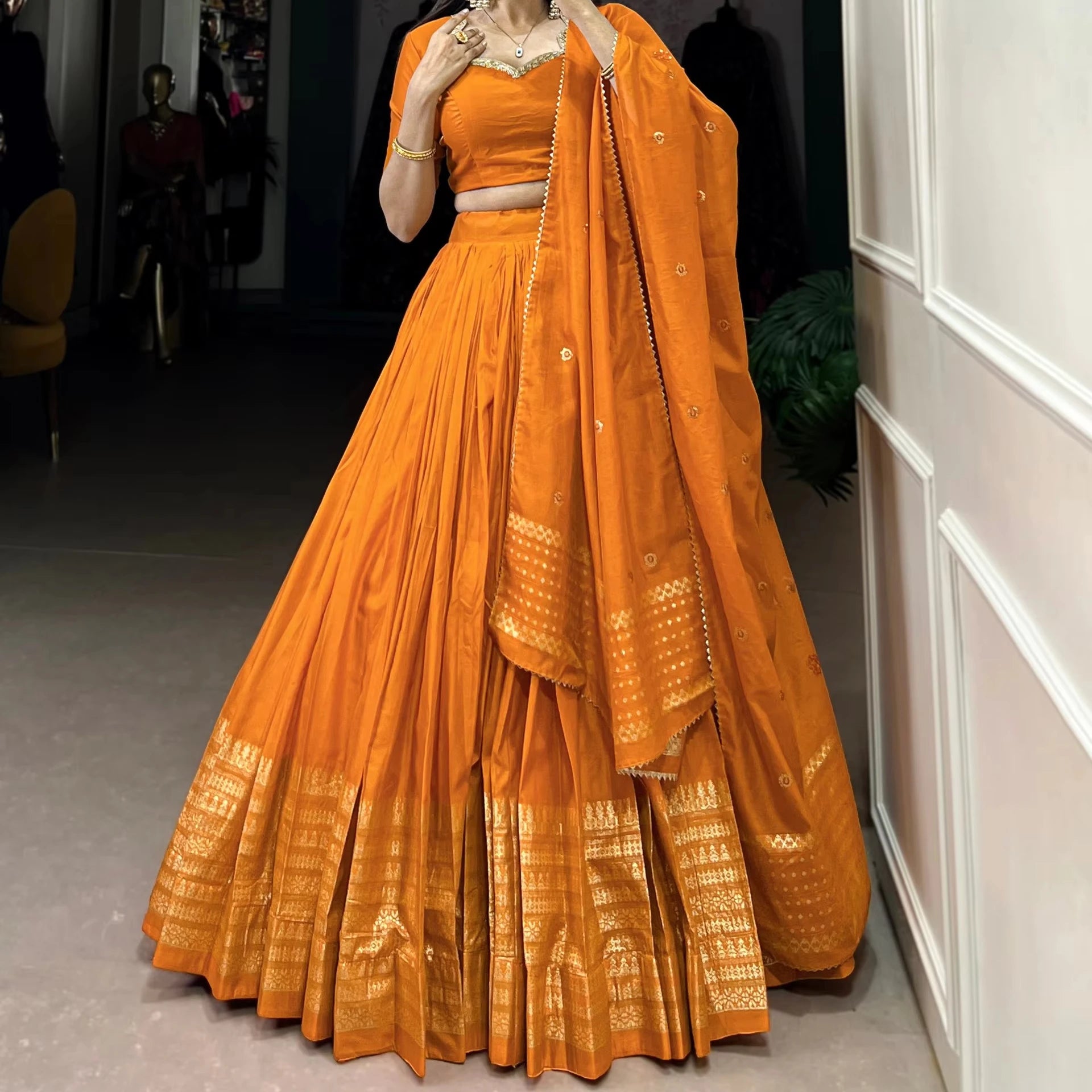 Pure Chanderi Plain Women's Ankle-Length Lehenga with Zari Border & Sequin Embellished Dupatta for Party Occasions