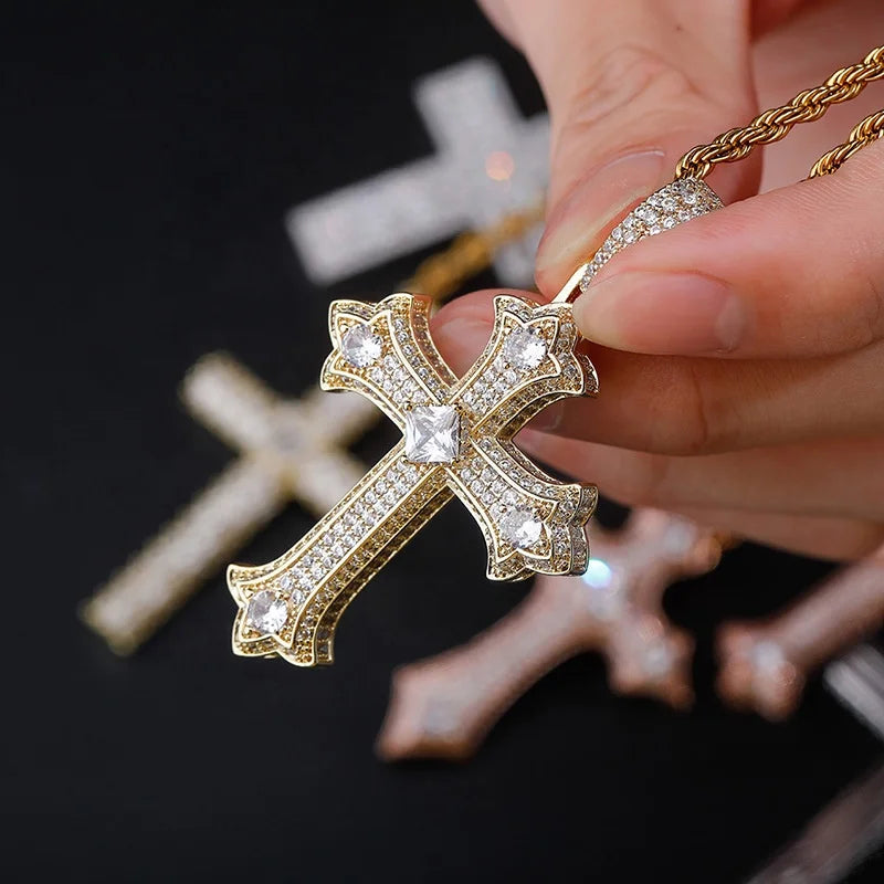 Luxury Cross Pendant Gold Plated with Cubic Zirconia Exquisite Religious Jewelry Sparkling Crystal Embellished Christian Symbol