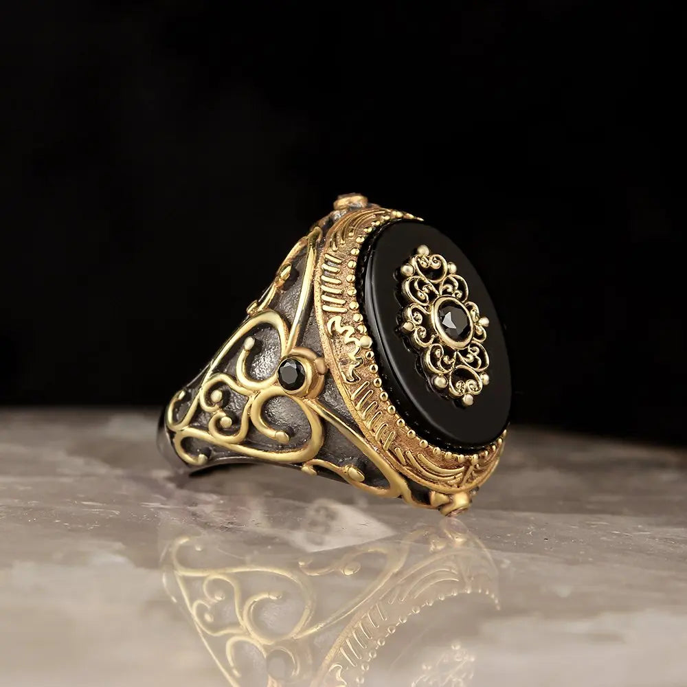 New Arrival Men's 925 Sterling Silver Ottoman Style Ring Bi-Color Rhodium and Gold Designed in Turkey Model RCEGYT-138