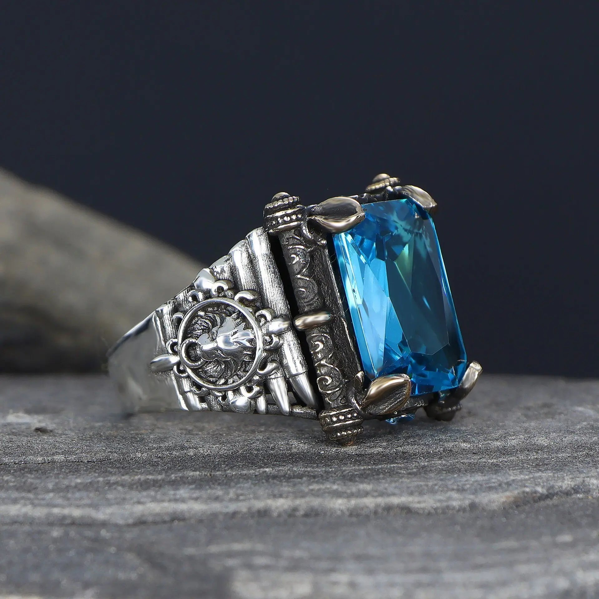 Azuris Custom Logo 925 Sterling Silver Ottoman Style Men's Ring Naturel Black Stone Handmade in Turkey VALKH1573