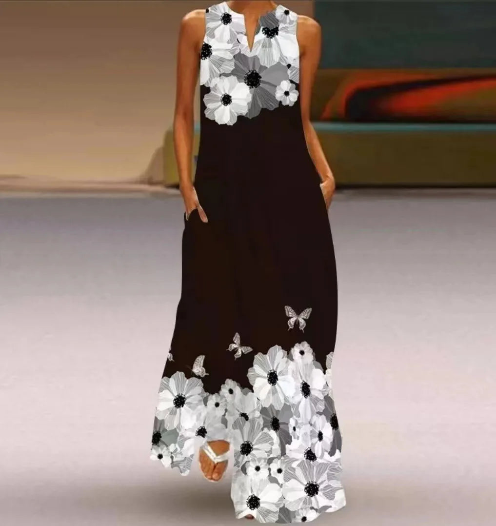 2025 New Summer Women's Sleeveless Long Dress with V-neck and Floral Print European and American Style for Cross-border Foreign