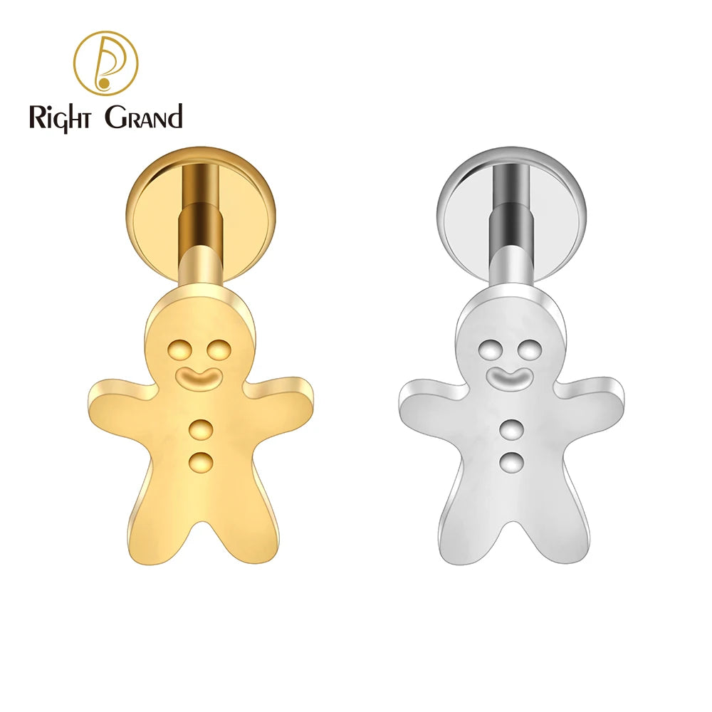 Titanium Internal Thread Cute Gingerbread Man Stud Earring Helix Stud Tragus Cartilage Labret Monroe Piercing Christmas Jewelry