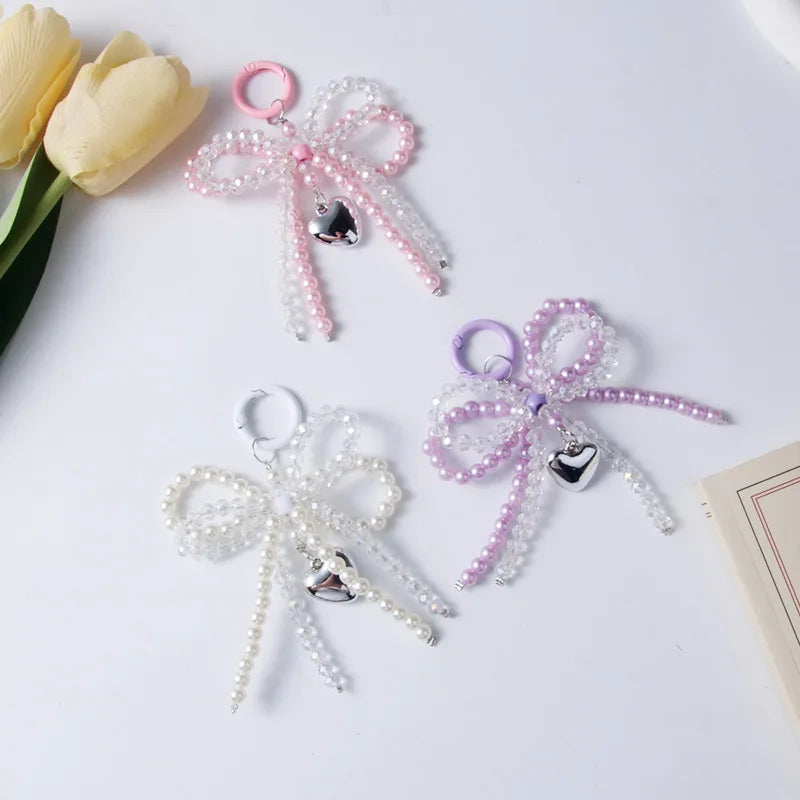 HOT New Pearl Crystal Double Bow Pendant Hand Beaded Mobile Phone Chain Pendant Key Chain Bag Hanging Accessories