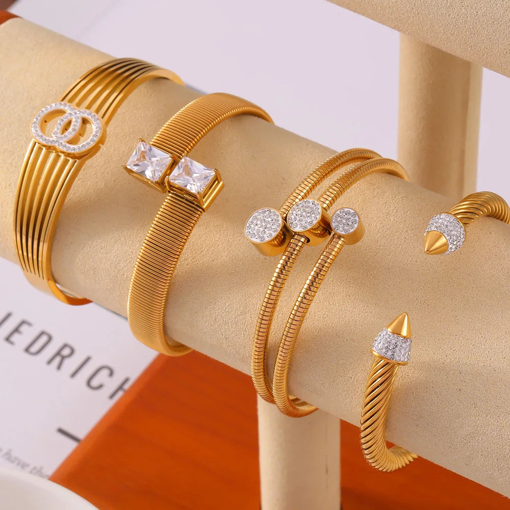 N&S Minimalist Chic Stainless Steel Geometric Multi-Layer Bracelet 18K Gold Plated Zircon Inlaid Women's Bangle Trendy Gifts