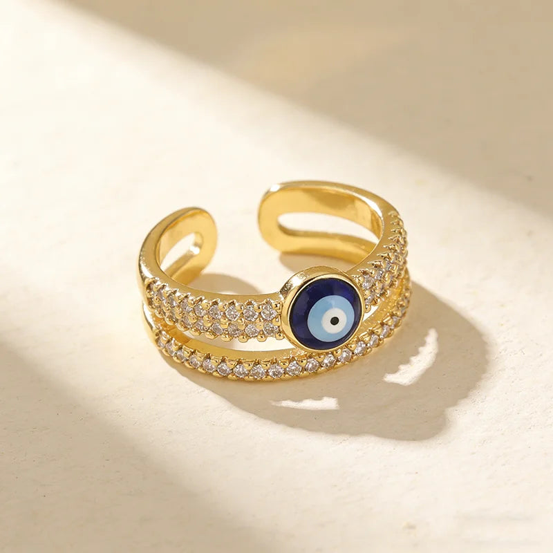 QIKU Fashion  Eye Double Layer Crystal Paved Opening Adjustable Ring Copper Zircon Jewelry Customized Wholesale Dropshipping