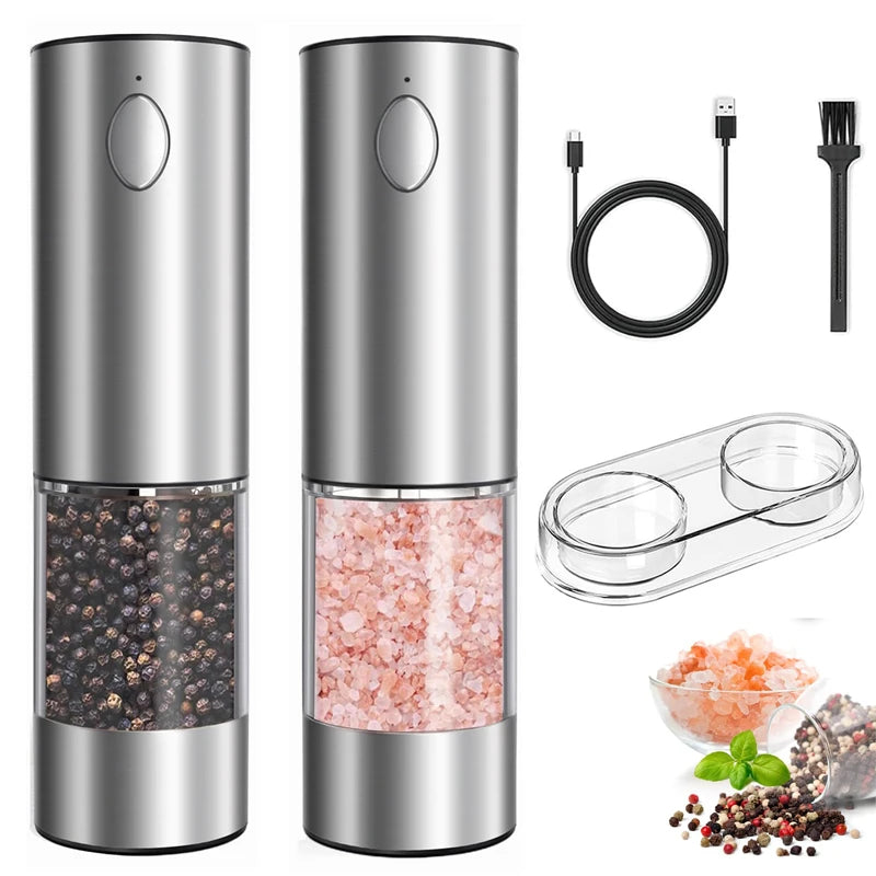 Electric Dry Spice Grinder 95 ml Stainless Steel Automatic Rechargeable Electric Salt and Pepper Grinder Set with Storage Tray
