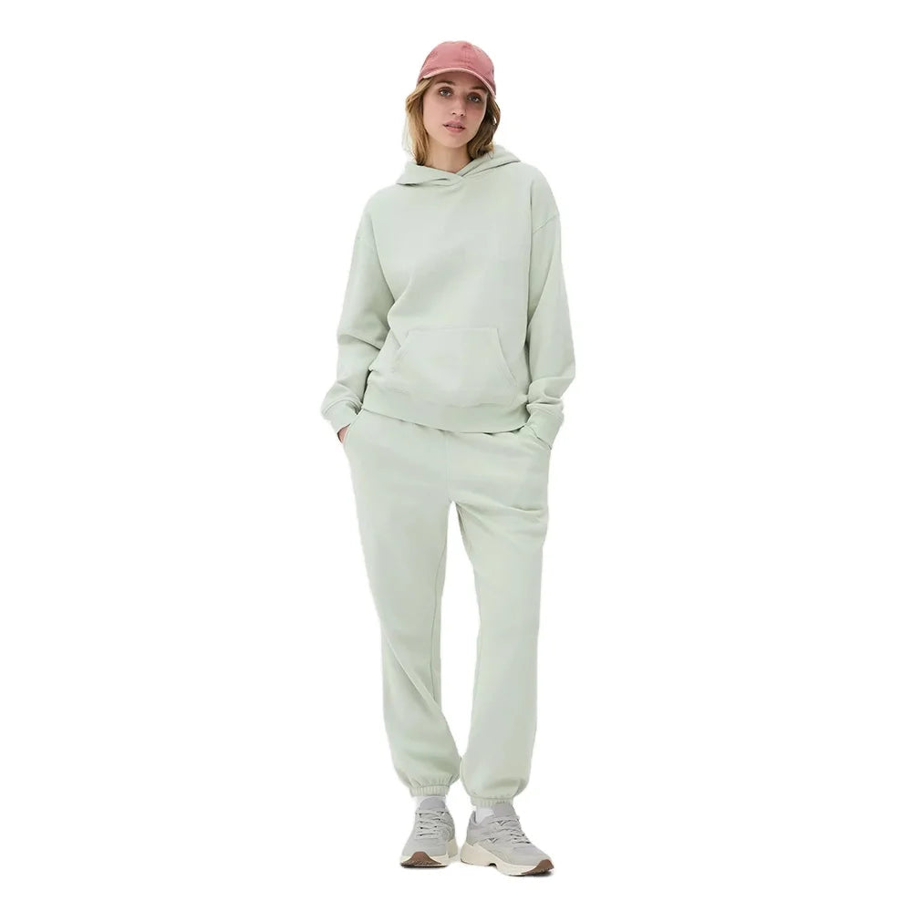 Women's Oversized Pullover Tracksuit Set Winter Mint Green Hoodie and Jogger Solid Color Plain Streetwear Wholesale Apparel