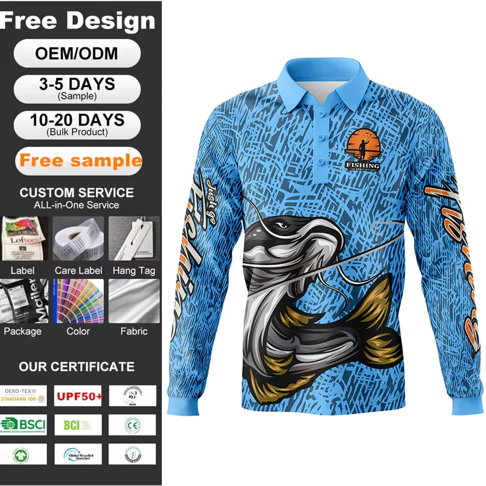 Wholesale OEM Sublimation UPF50 Sun Protection Mens Fishing Polo Shirts Polyester Quick Dry Fishing Long Sleeve Collar Shirts