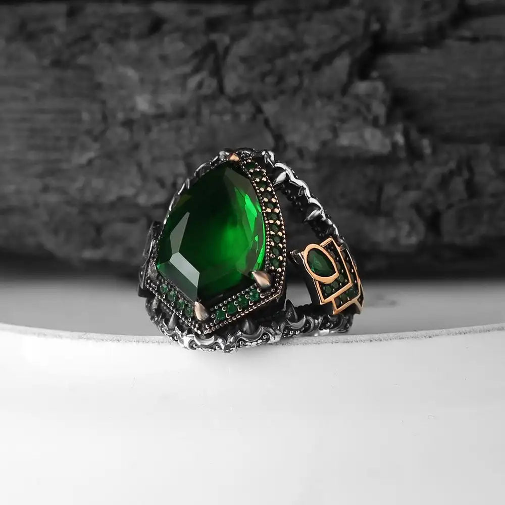 Turkish 925 Sterling Silver Men's Ottoman Style Ring with Natural Black Stone Handmade Azuris VALKH1304