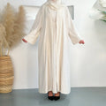 Modest Luxury 3-Piece Abaya Set Pink & Beige Bell Sleeve Robe with Inner Dress & Hijab