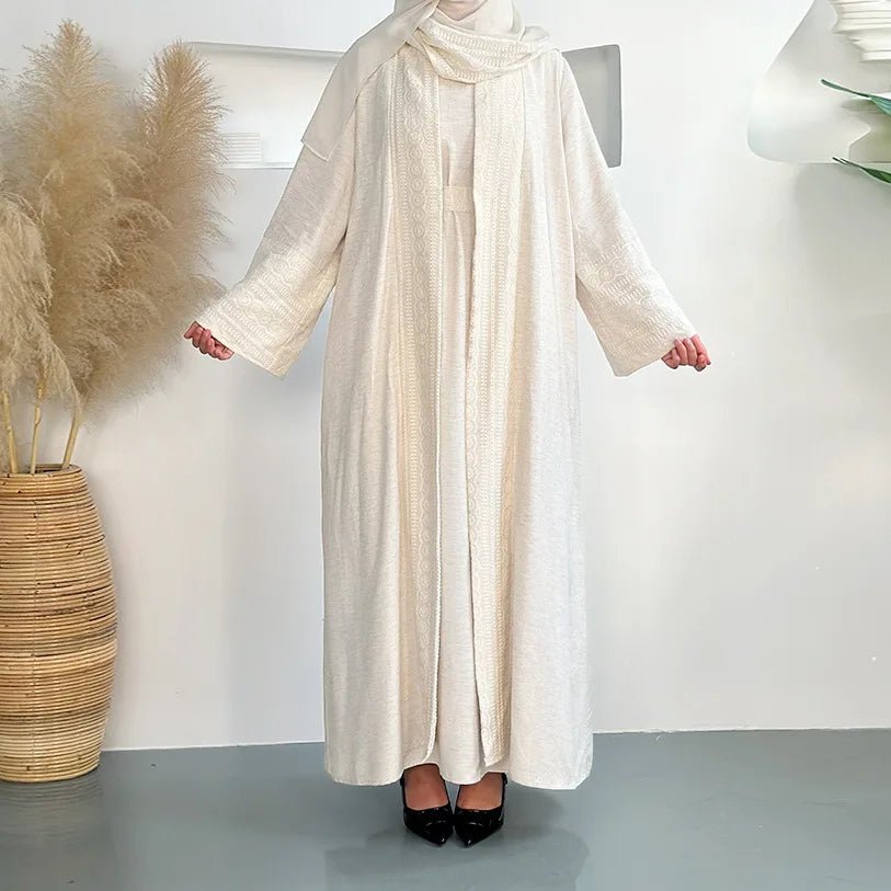 Modest Luxury 3-Piece Abaya Set Pink & Beige Bell Sleeve Robe with Inner Dress & Hijab