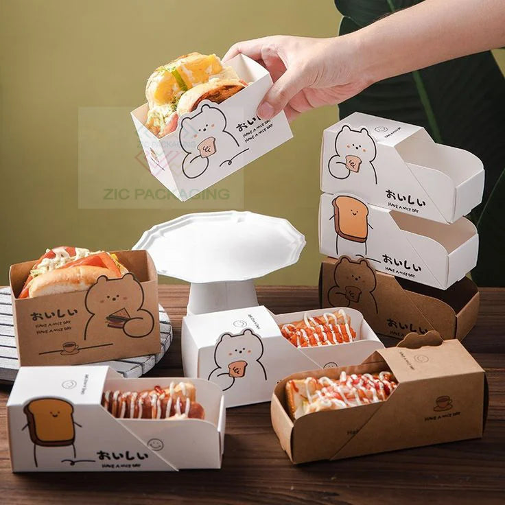 Biodegradable Fast Food Take Out Food Packaging Sandwich Slide Paper Box Tray Sushi Cake Burger BBQ Cookies Bakery Packaging