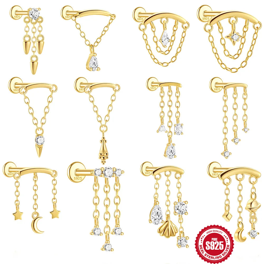 S925 Sterling Silver Tassel Star Moon CZ Flat Back Threaded Cartilage Stud European Style Piercing Earring 18K Gold Plated Women