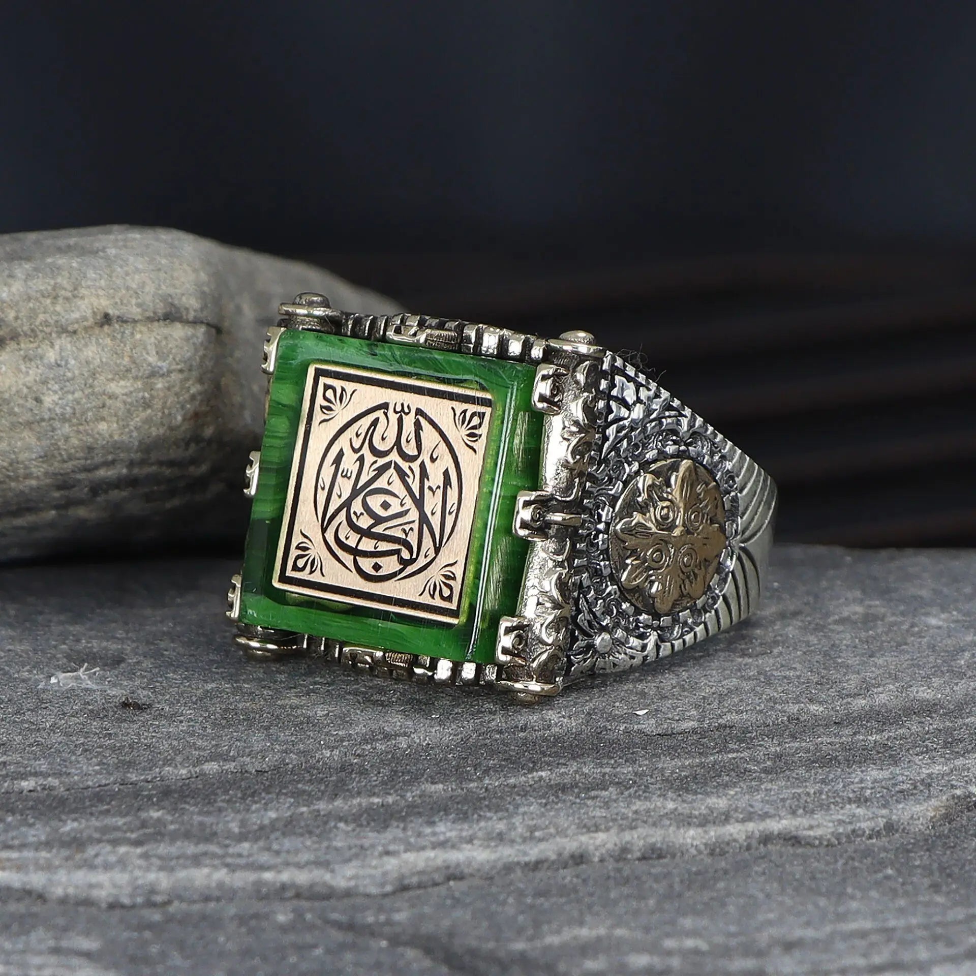 Azuris VALKH1588 Custom Logo 925 Sterling Silver Ottoman Style Men's Ring-Turkey Traditional Muslim Clothing Accessories Natural