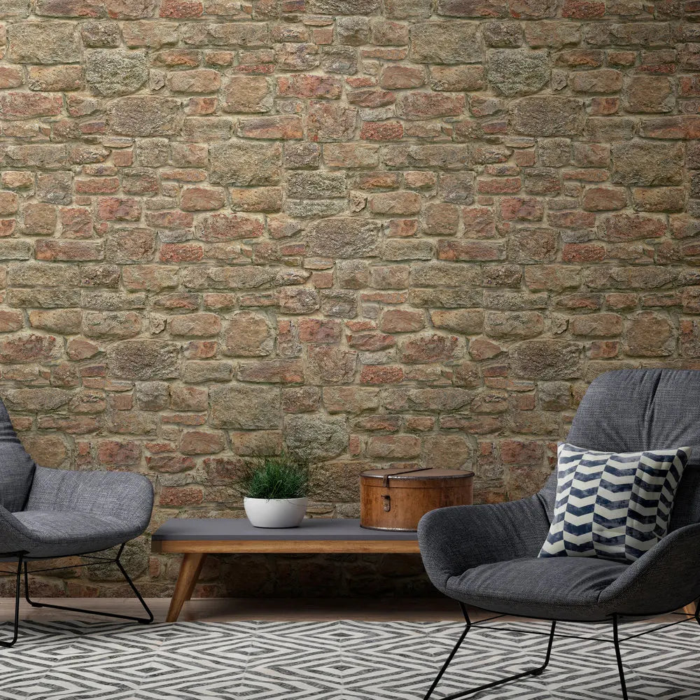 Germany Made Stone Wall Look Photo Wallpaper Mural Orange Red Brown Non Woven Vinyl Sound-Absorbing Removable Matte Living Room