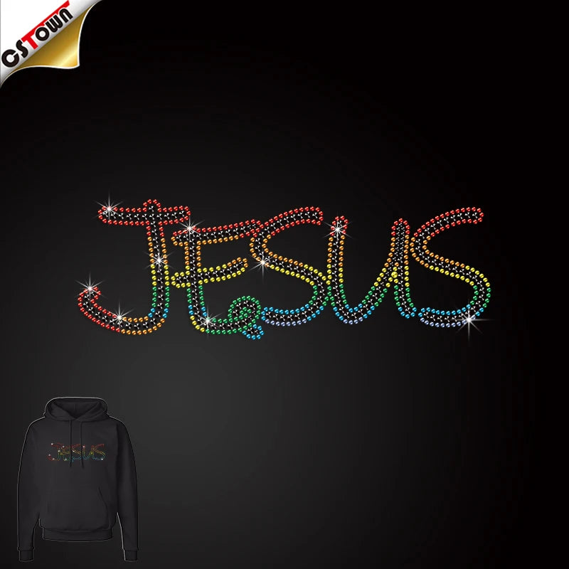 Low Quantity Order Bling Jesus Rhinestones Transfer for Christmas Iron on Rhinestone Transfer Sheet