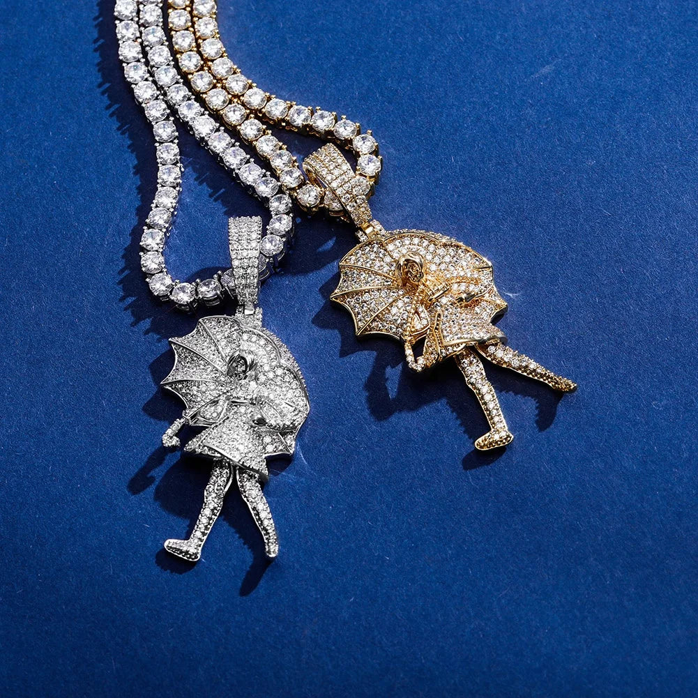 Hip Hop Brass Cubic Zirconia Paved Bling Iced Girl Holding Umbrella Pendant Necklace Men Women Rapper Gold Plated Tennis Chain