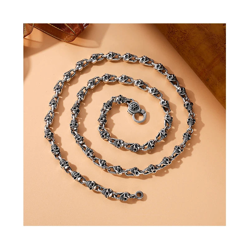 New Fashion Hiphop Jewelry Antique 925 Sterling Silver Silver Skull Connected Heavy Link Chain Necklace Design for Men