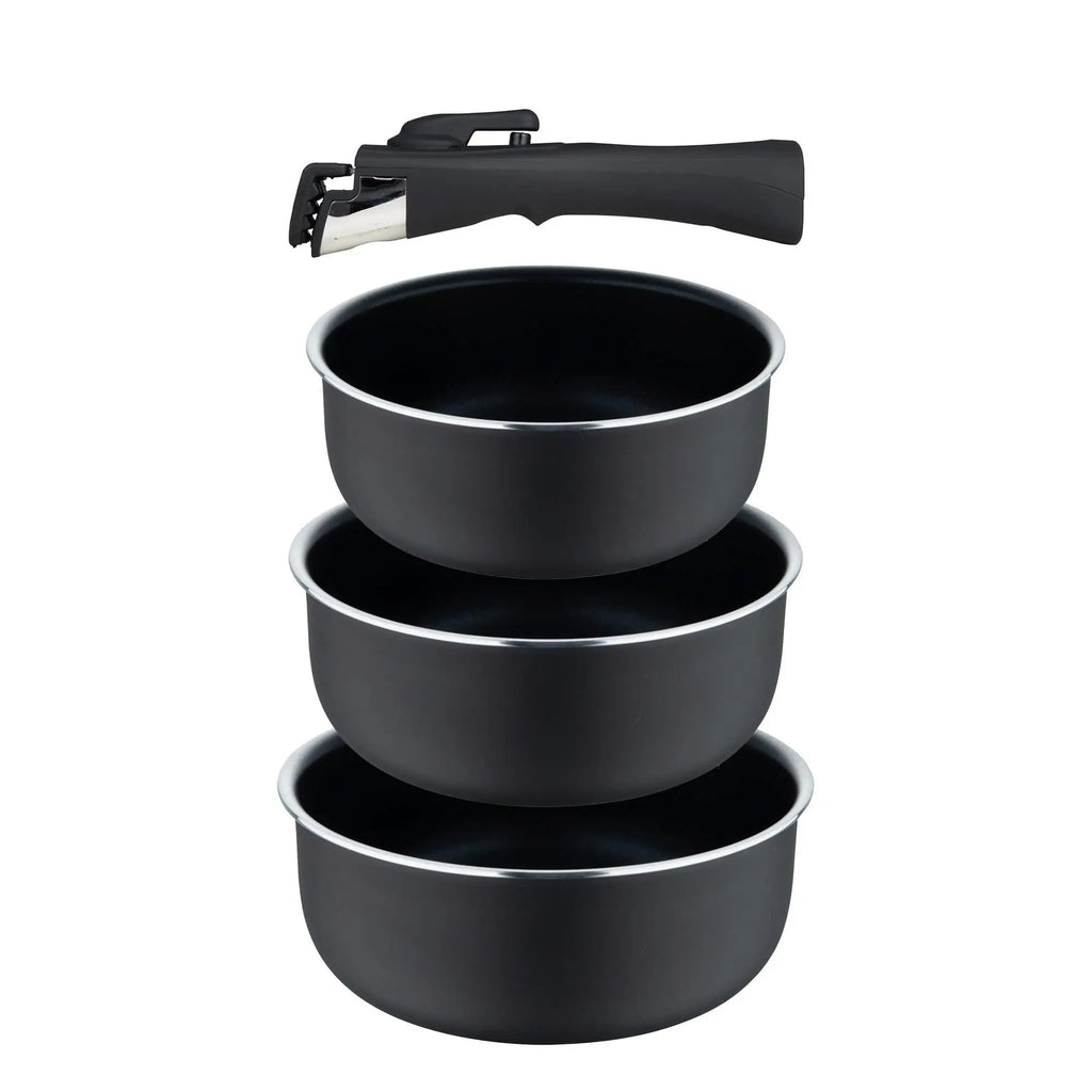 Bergner Click&Cook Set of 3 Saucepans 161820cm Pressed Aluminum and Heat Dot + Detachable Handle Black