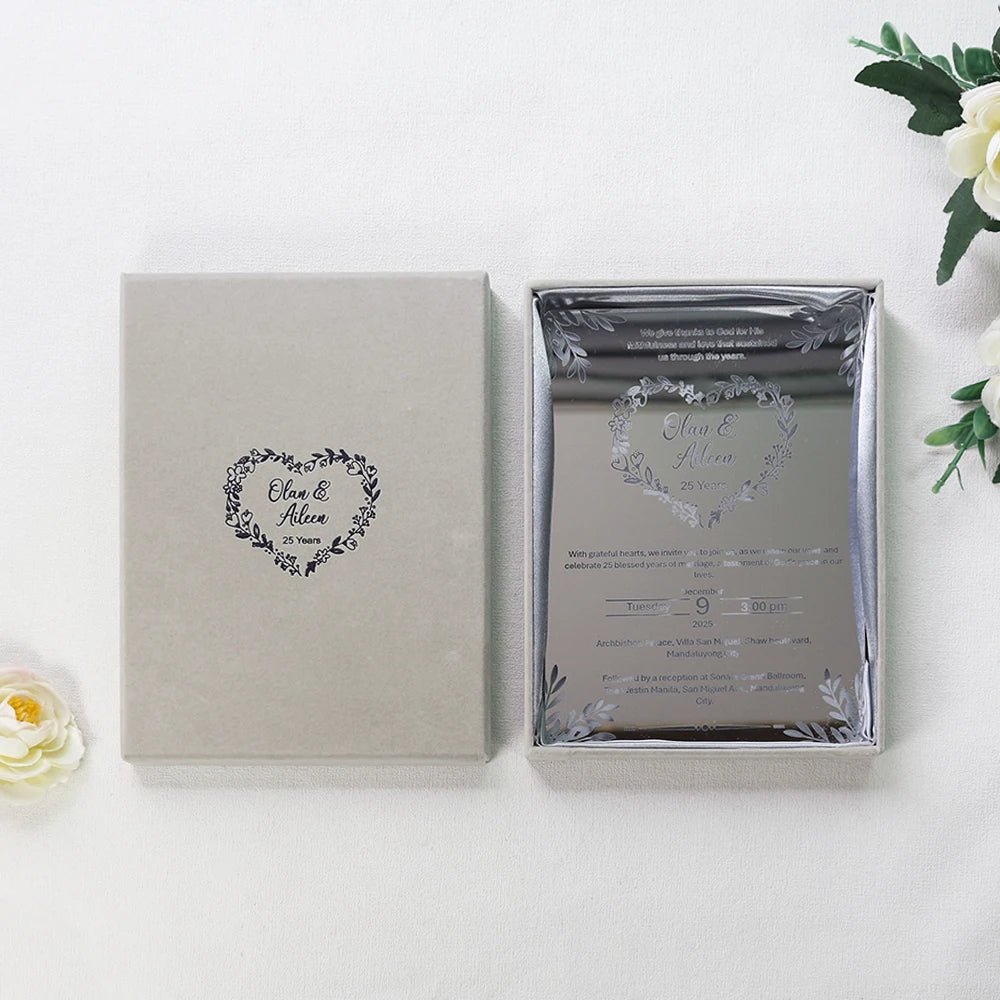 Heart Design Logo Silver Mirror Acrylic Wedding Invitation with Velvet Hardcover Box