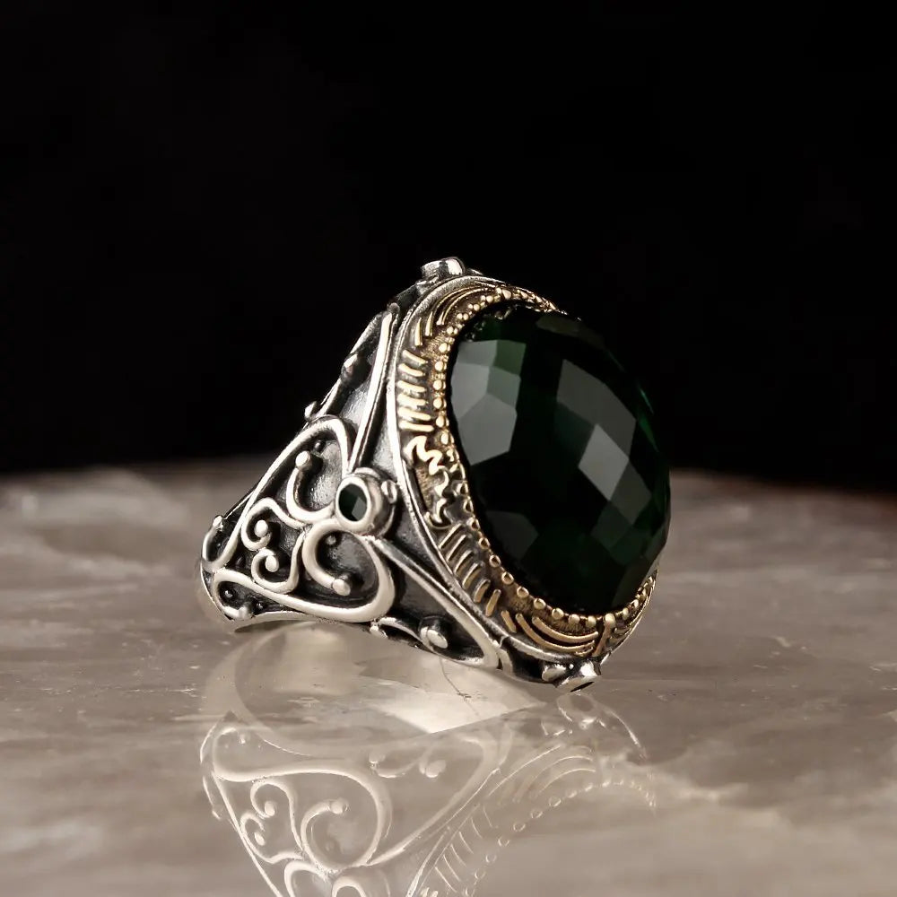 925 Sterling Silver Men's Ring Zircon Stone Turkish Made Ottoman Style Model RCEGYT-136