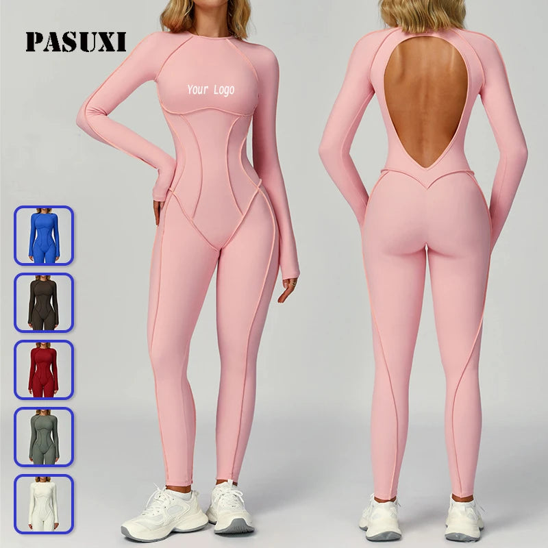 PASUXI Women Backless Yoga Jumpsuit Tummy Control Scrunch Butt Gym Bodysuit Quick Dry Workout Romper Fitness Jumpsuit